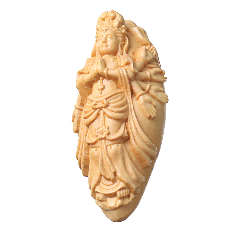 Boxwood Wood Carving Kwan-yin Statue Bodhisattva Sculpture Pendant