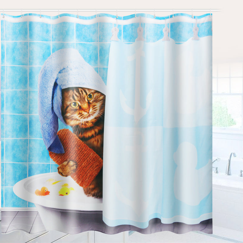 Cat Bathing Bathroom Shower Curtain Waterproof Fabric With 12 Hooks