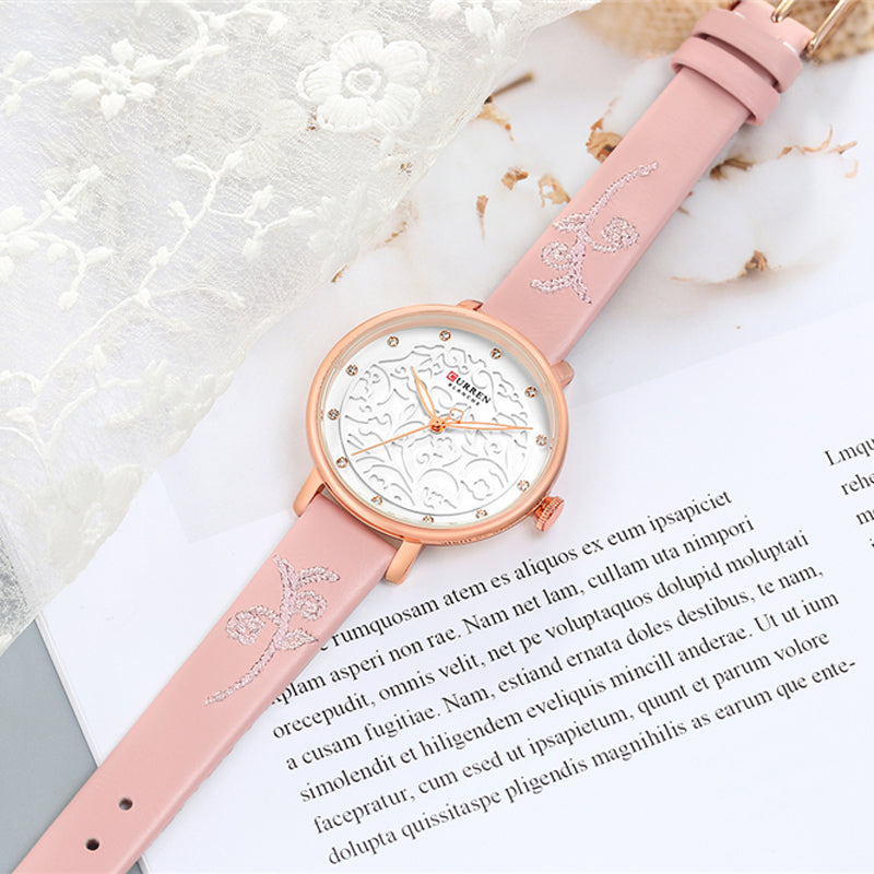 CURREN 9046 Crystal Leather Band Women Wrist Watch Elegant Design Quartz Watch