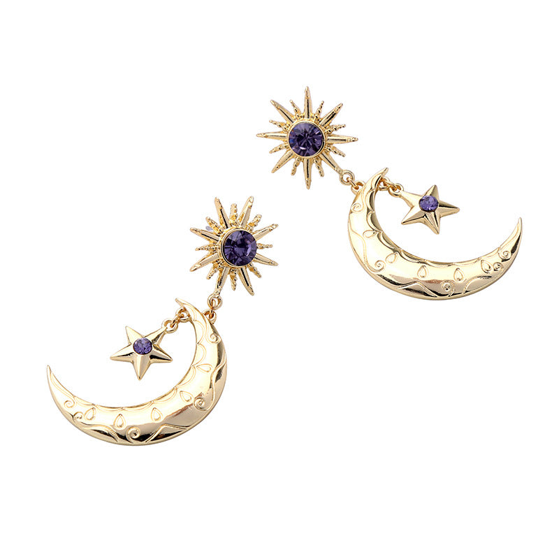Trendy Sun Moon Star Big Ear Drop Earring Purple Rhinestone Earrings For Women