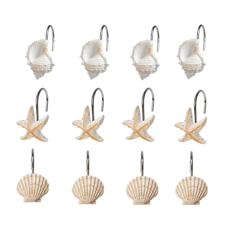 12Pcs/Box Stainless Steel Resin Bathroom Curtain Hook White Brown Starfish Shell Conch Mixed Pattern