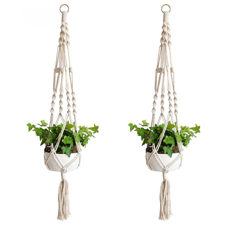 4 Legs Handmade Crude Cotton Flower Pot Decorations Hanging Basket Plant Hanger Rope with Iron Coils