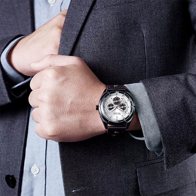 MEGIR ML2072G Men Watch Luminous Display Calendar Watch Leather Sport Style Quartz Wristwatches