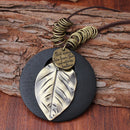 Ethnic Wood Alloy Leaf Pendant Necklaces Vintage Leather Rope Long Sweater Necklace For Men