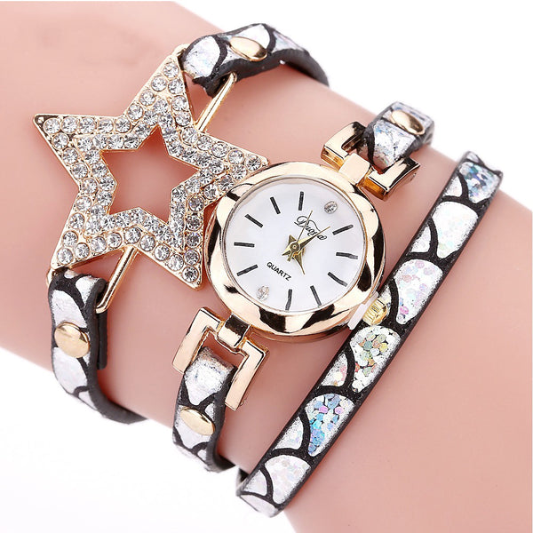 DUOYA 328 Five Pointed Star Retro Style Women Bracelet Watch Leather Band Quartz Watch