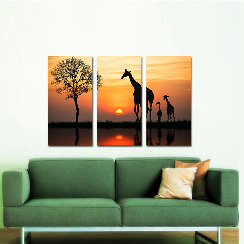 Miico Hand Painted Three Combination Decorative Paintings Giraffe In The Sunset Wall Art For Home Decoration