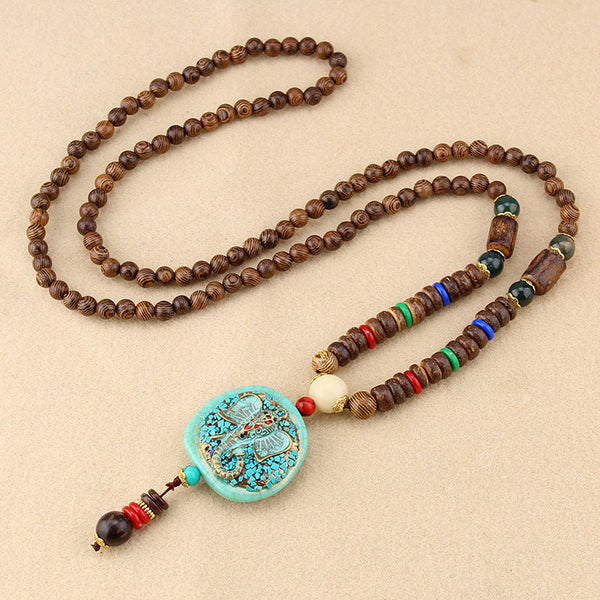 Ethnic Blue Beads Necklace Long-Style Retro Pendant Necklace For Women Men