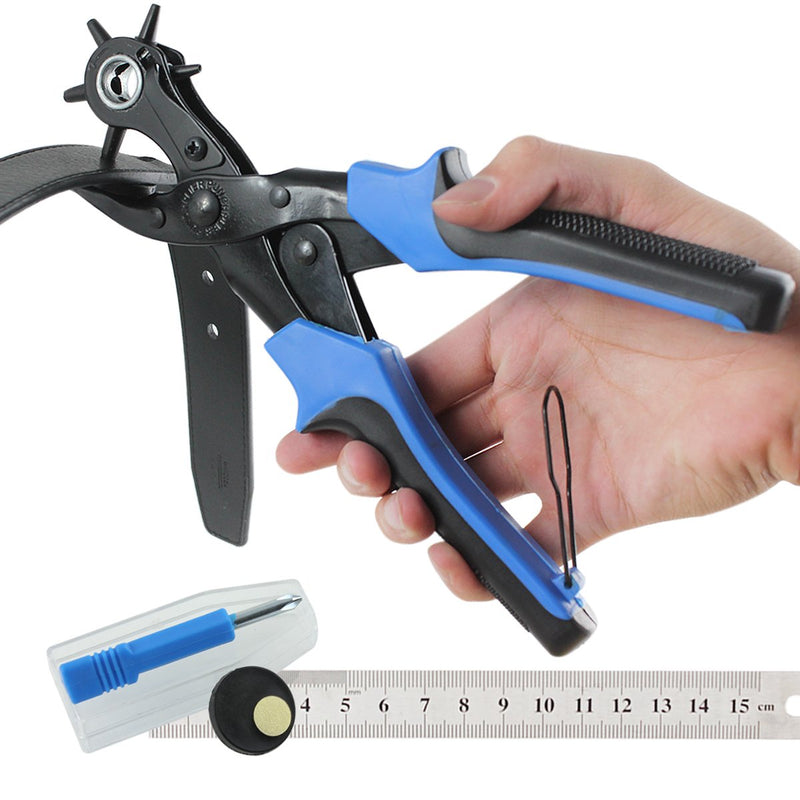 KCASA KA1 Heavy Duty Revolving Leather Belt Hole Punch Plier Tool with 2 Extra Punch Plates and Ruler Leather Craft Tool