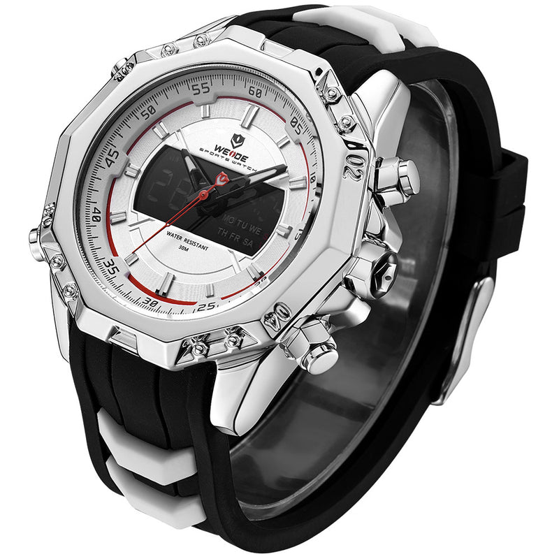 WEIDE 6406 Dual Display Digital Watch Calendar Alarm Luminous Watch Silver Case Men Sport Watch