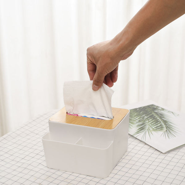 Desktop Bamboo Cover Tissue Box Plastic Pencil Pen Holder Remote Control Storage Box Sundries Organizer Office Home Supplies