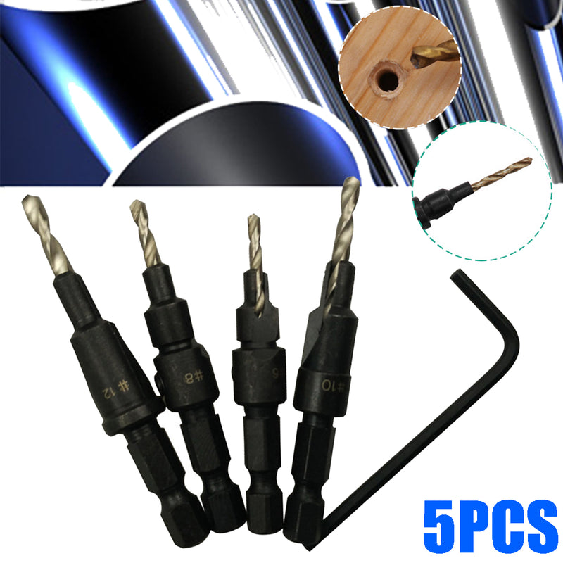 4pcs 6#/8#/10#/12# Hex Shank Carpentry Countersink Drill Bit Set with Wrench Woodworking Tool