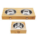 Non Slip Double Bowls Pet Dog Cat Puppy Food Water Bowl Feeder Feeding Dish Wood