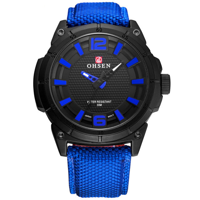 OHSEN TX2905 Canvas Leather Strap 30M Waterproof Sports Outdoor Men Watch Quartz Watch