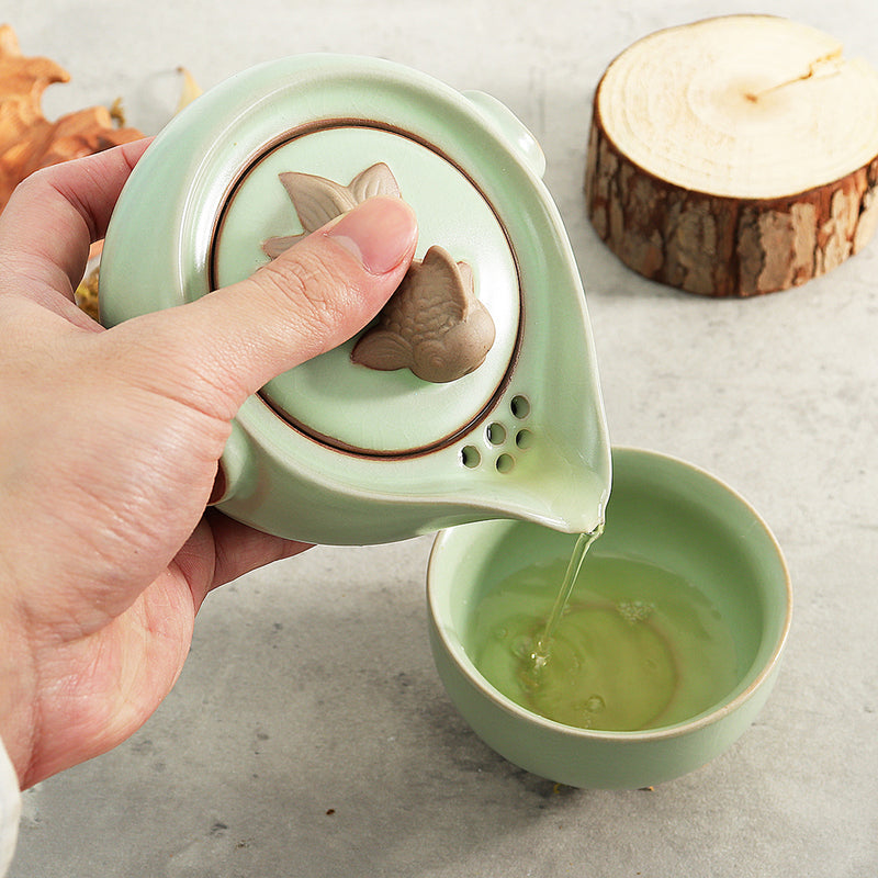 Handmade Chinese Travel Tea Pot Ru Kiln Kung Fu Tea Set Ceramic Teacup Carry Bag