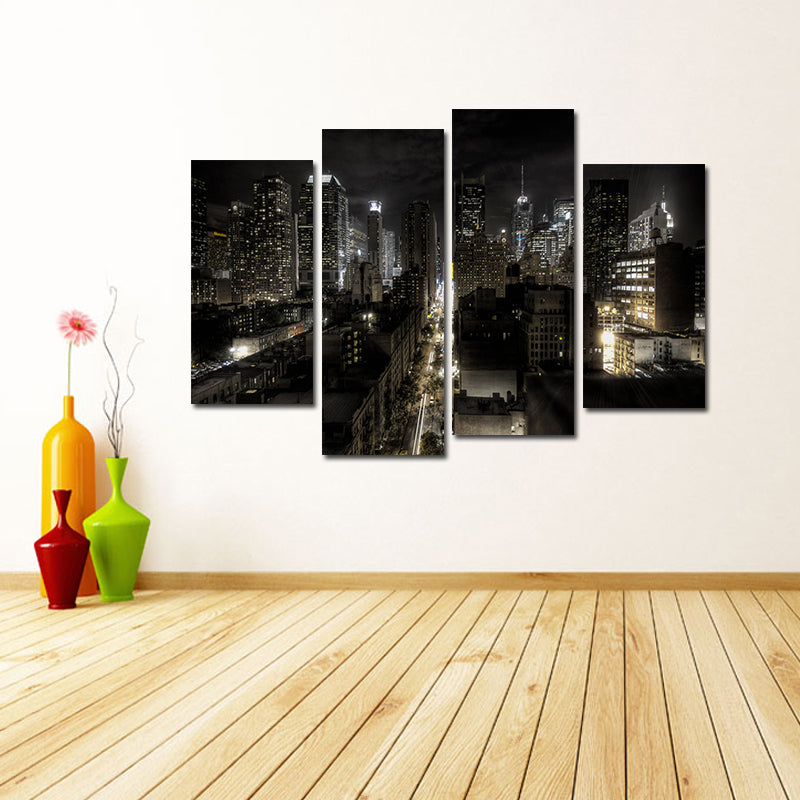 Miico Hand Painted Four Combination Decorative Paintings Dark Night City Street Wall Art For Home Decoration