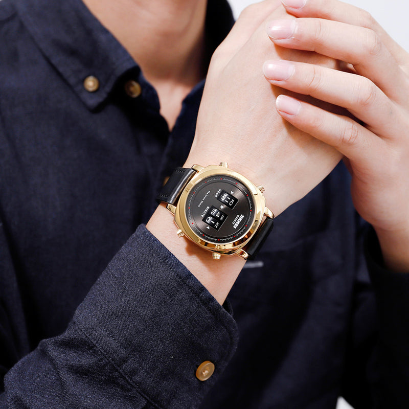 SKMEI 1519 Creative Rolling Time Display Leather Strap 30M Waterproof Men Watch Quartz Watch