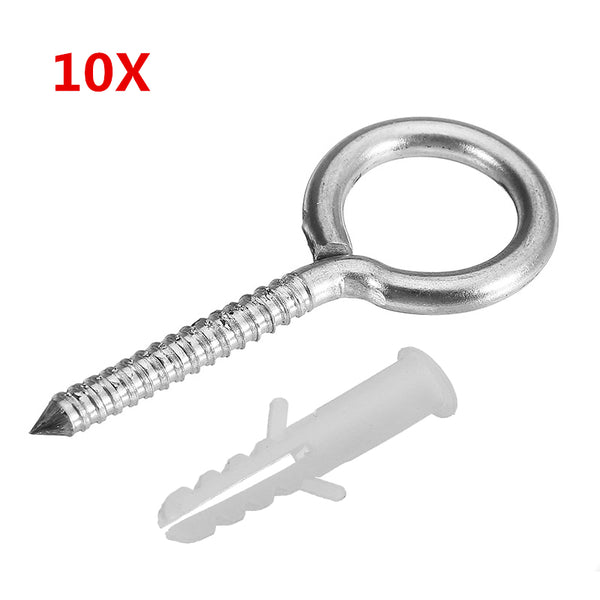 10Pcs M4 52mm 304 Stainless Steel Self Tapping Screw Eye Bolt Ring Hook with Expansion Pipe
