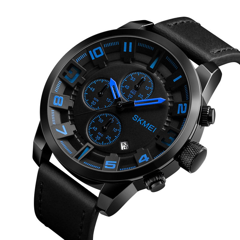 SKMEI 1309 Men Watch Fashion Leather Strap Three Smal Dials Stopwatch Male Quartz Wrist Watch