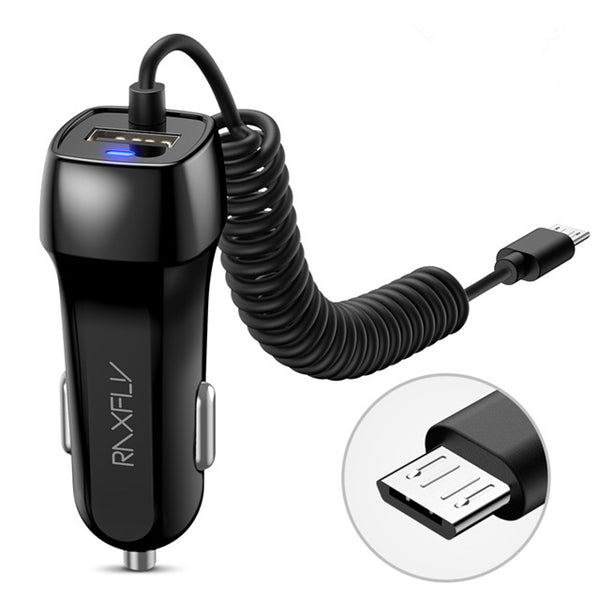 RAXFLY 2.1A LED Indicator Fast Car Charger With Spring USB Cable For Oneplus 6 5t Xiaomi Mi8 S9