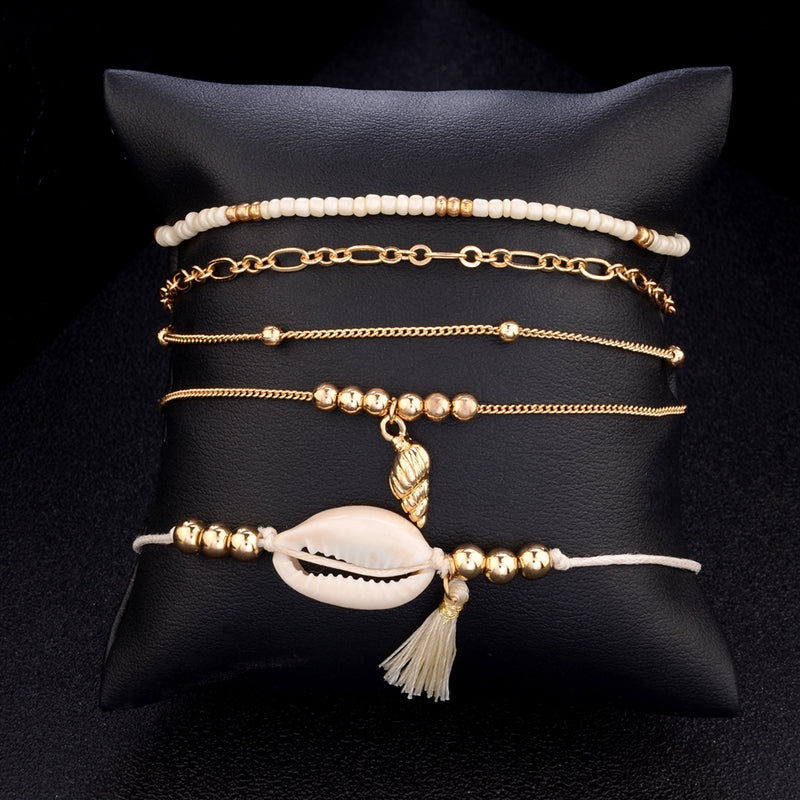 5 Pcs Bohemian Multilayer Gold Bracelet Set Shell Conch Bead Chain Charm Bracelet for Women