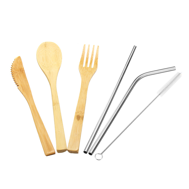 6Pcs/set Bamboo Wooden Cutlery Fork Spoon Cutter Straw Brush Flatware Tableware Camping Picnic