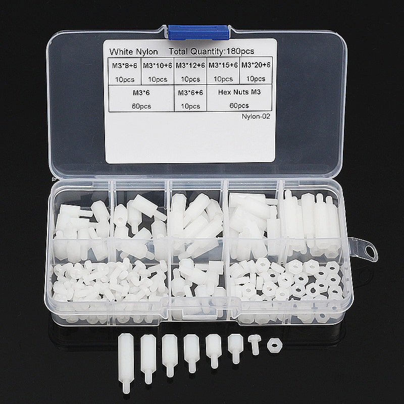 Suleve M3NH11 M3 Nylon Screw Black White Hex Screw Nut PCB Standoff Assortment Kit 180Pcs
