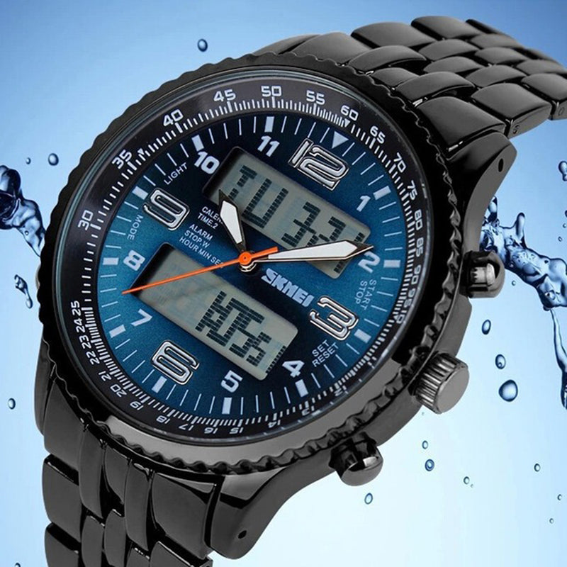 SKMEI 1032 Dual Display Digital Watch High Quality Stainless Steel Men Luminous Alarm Sport Watch