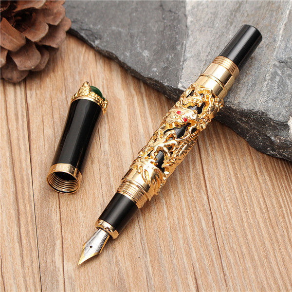 JINHAO Golden Dragon Heavy Fountain Pen Clip Medium Nib 18KGP Business Men Gifts