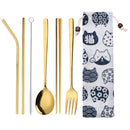 Golden Stainless Steel Spoon Fork Straw Set Chopsticks with Cleaning Brush