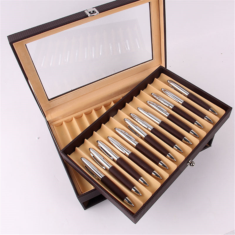 24 Pens Fountain Display Case Holder PU Leather Storage Collector Organizer Box Desktop Organizer