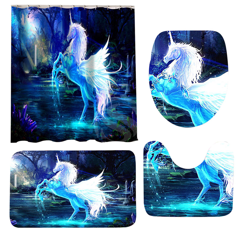 Bathroom Horse Shower Curtain Toilet Cover Mat & Pedestal Rug Mat & Bath Nonslip Mat