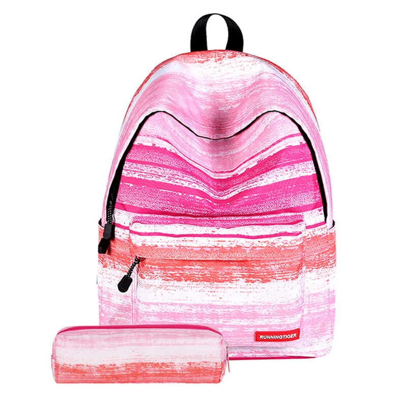 2Pcs/Set Fashion Starry Sky Striped Canvas School Backpack Schoolbag+Matching Pencil Bag Gift for Girls Womens