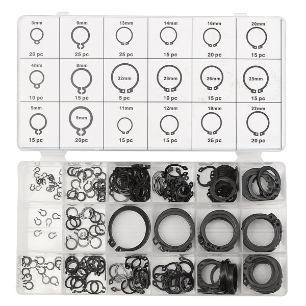 Suleve MXMR1 300Pcs 3-32mm Assorted External Circlip Snap Ring C-Clip Repairs Parts Case Box