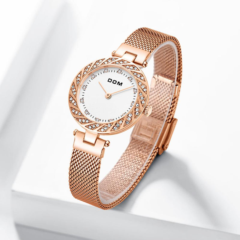 DOM G-1279 Crystal Casual Style Ladies Wrist Watch Mesh Steel Band Quartz Watch