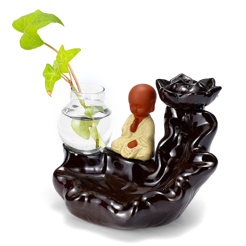 Ceramic Backflow Cone Holder Incense Burner Monk Smoke Buddhist Scents + Glass Pot