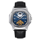 Silver Case Men Watch Moon Phase Business Style Leather Strap Automatic Mechanical Watch