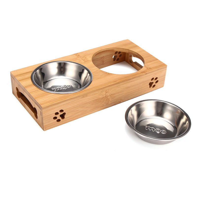 Pet Food Water Feeder Single Twin Bowls Bamboo Stainless Steel Dog Cat Dishes Pet Bowl
