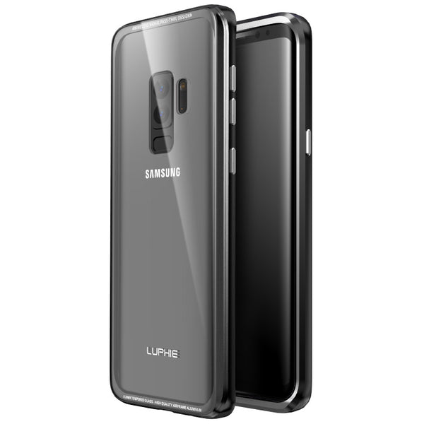 Luphie Metal Bumper+9H Transparent Tempered Glass Shell Protective Case For Samsung Galaxy S9 Plus