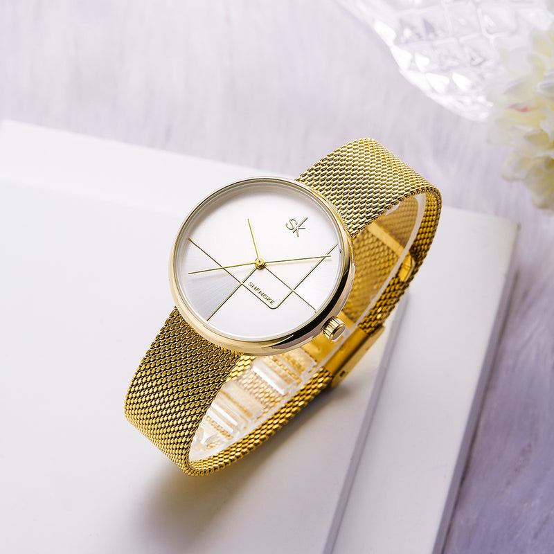 SHENGKE SK  K0105L Geometric Line Simple Needle Dial Women Full Steel Ladies Dress Luxury Quartz Watch