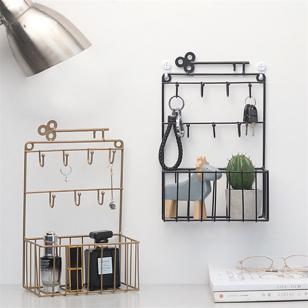 Vintage Metal Wire Rack Magazine Coat Holder Rack with 7 Key Hook for Kitchen Entryway