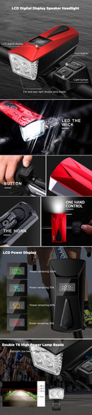 XANES DL23 1100LM 2xT6 LED Burglar Alarm Bike Front Light with 100db Horn Far Near Distance Large Floodlight Smart Power Display USB Charging 4 Modes Waterproof Night Riding Warning Light