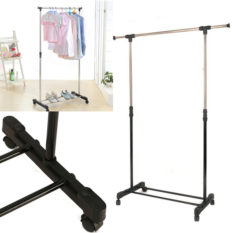 Adjustable Portable Clothes Garment Rack Hanging Rail Rolling Wheel Heavy Duty Cloth Hanger