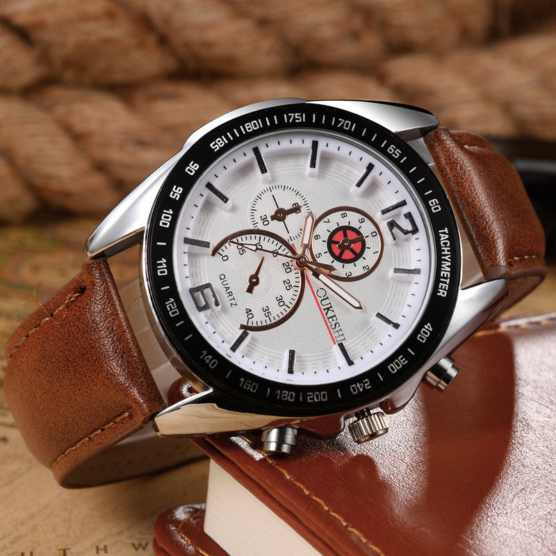 Deffrun Business Style Men Wrist Watch Decorate Three Dials Leather Strap Quartz Watches