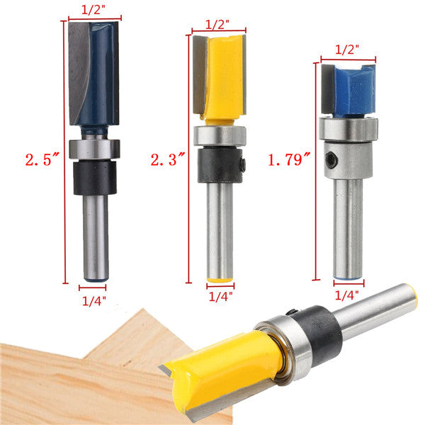 3pcs 1/4 Inch Shank Top Bearing Flush Trim Pattern Router Bit Set 1/2 Inch Milling Cutter