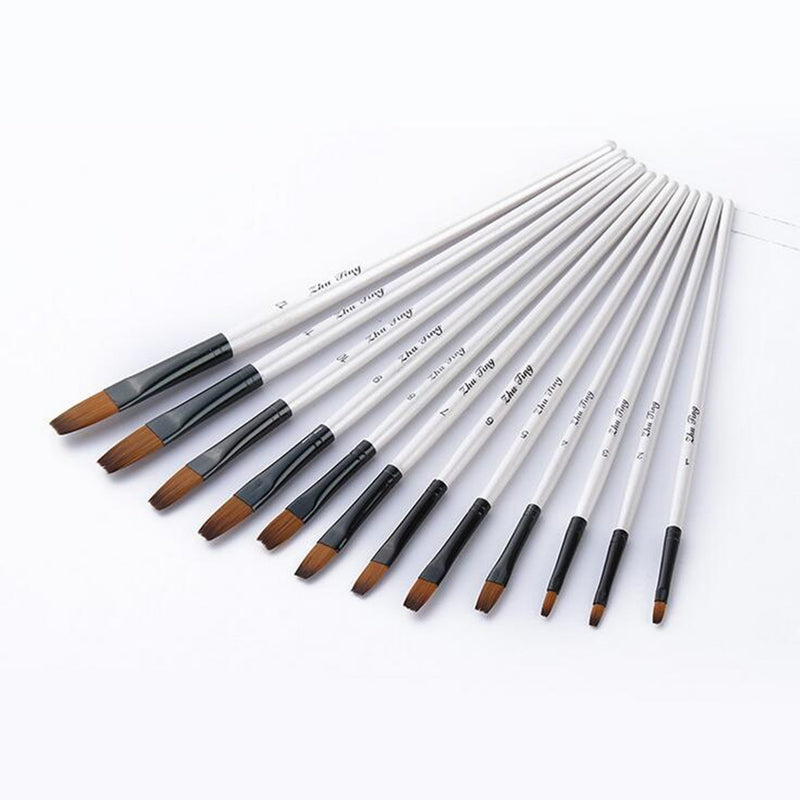 12 Pcs Nylon Hair Wooden Handle Painting Brush Pen Set For Learning Diy Oil Acrylic Painting Art Paint Brushes Supplies Pointed Head