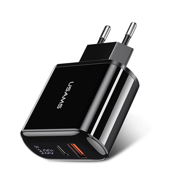 UASMS 18W QC3.0 PD Dual Port Digital Display Fast Charging Wall Charger Adapter For iPad Pro iPhone 8Plus XS 11 Pro Huawei P30 Pro Mate 30 5G Oneplus 7T Pro