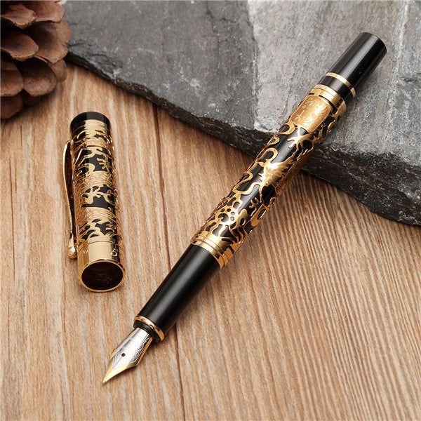 JINHAO 5000 Black And Golden Medium Nib Fountain Pen Dragon Embossed