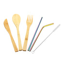 6Pcs/set Bamboo Wooden Cutlery Fork Spoon Cutter Straw Brush Flatware Tableware Camping Picnic