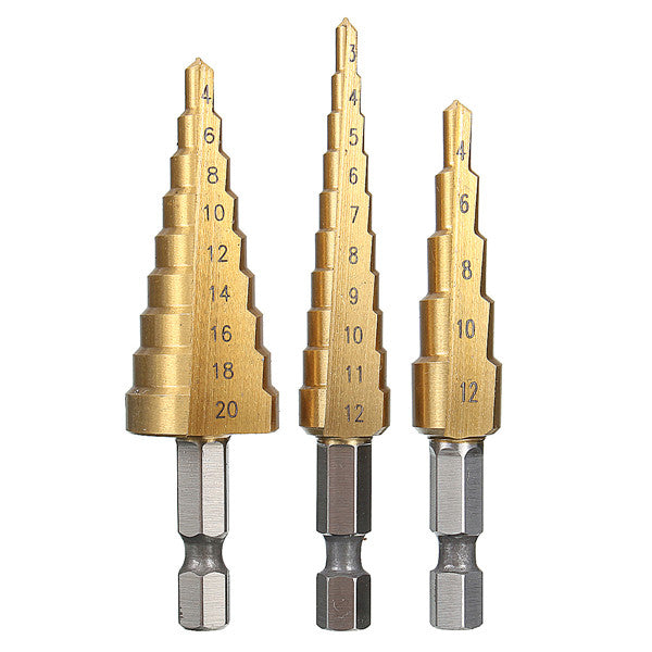 3pcs HSS Step Cone Drill Bit Titanium Hole Cutter Set 3-12/4-42/4-20mm