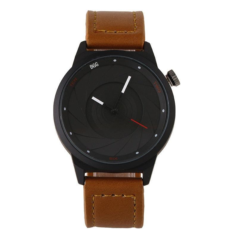 Creative Men Leather Strap Simple Back Aperture Pattern Dial White Needle Quartz Watch